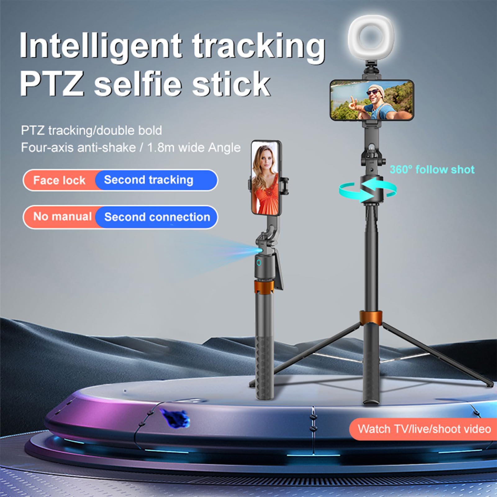 Goshyda Selfie Stick con Tracciamento Automatico del Volto, Treppiede con Tracciamento Intelligente AI con Rotazione a 360°, Controllo dei Gesti e Luce di Riempimento, per Smartphone,