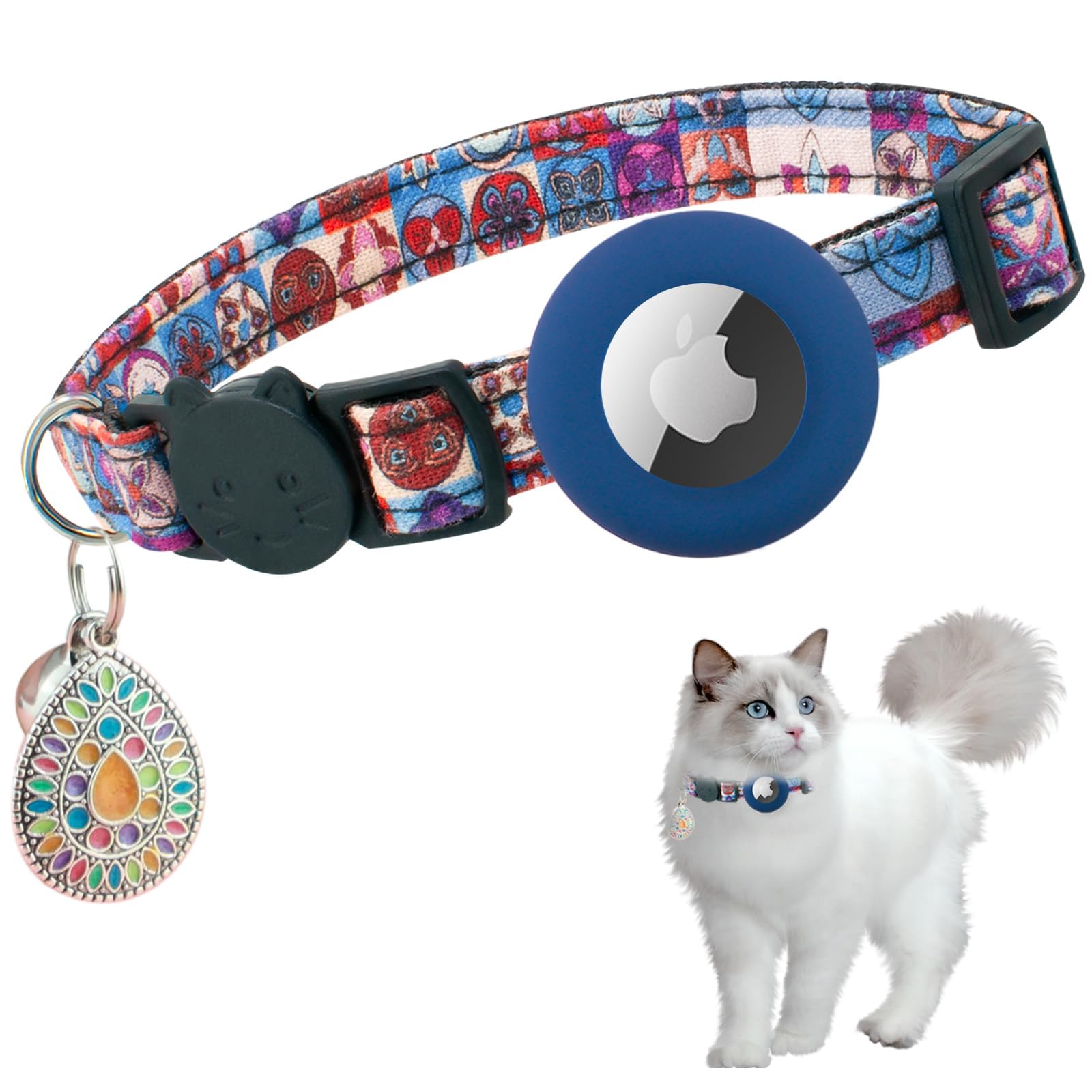 MAKINGTEC Airtag Cat Collar Breakaway, Kitten Collar for Apple Air Tag Holder and Bell for Girl Boy Cats, 0.4 Inches in Width and Lightweight(Blue-Red)