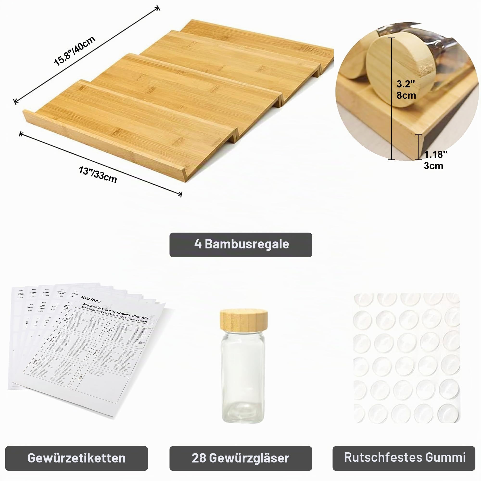 Gewürzschublade-Organizer mit 28 Gewürzgläsern (Bambusdeckel) & 216 Etiketten, 25 Anti-Rutsch-Gummis – Bambus, 4-stufig, für Küchenschubladen, Schränke, Arbeitsplatte – 33 x 40 cm