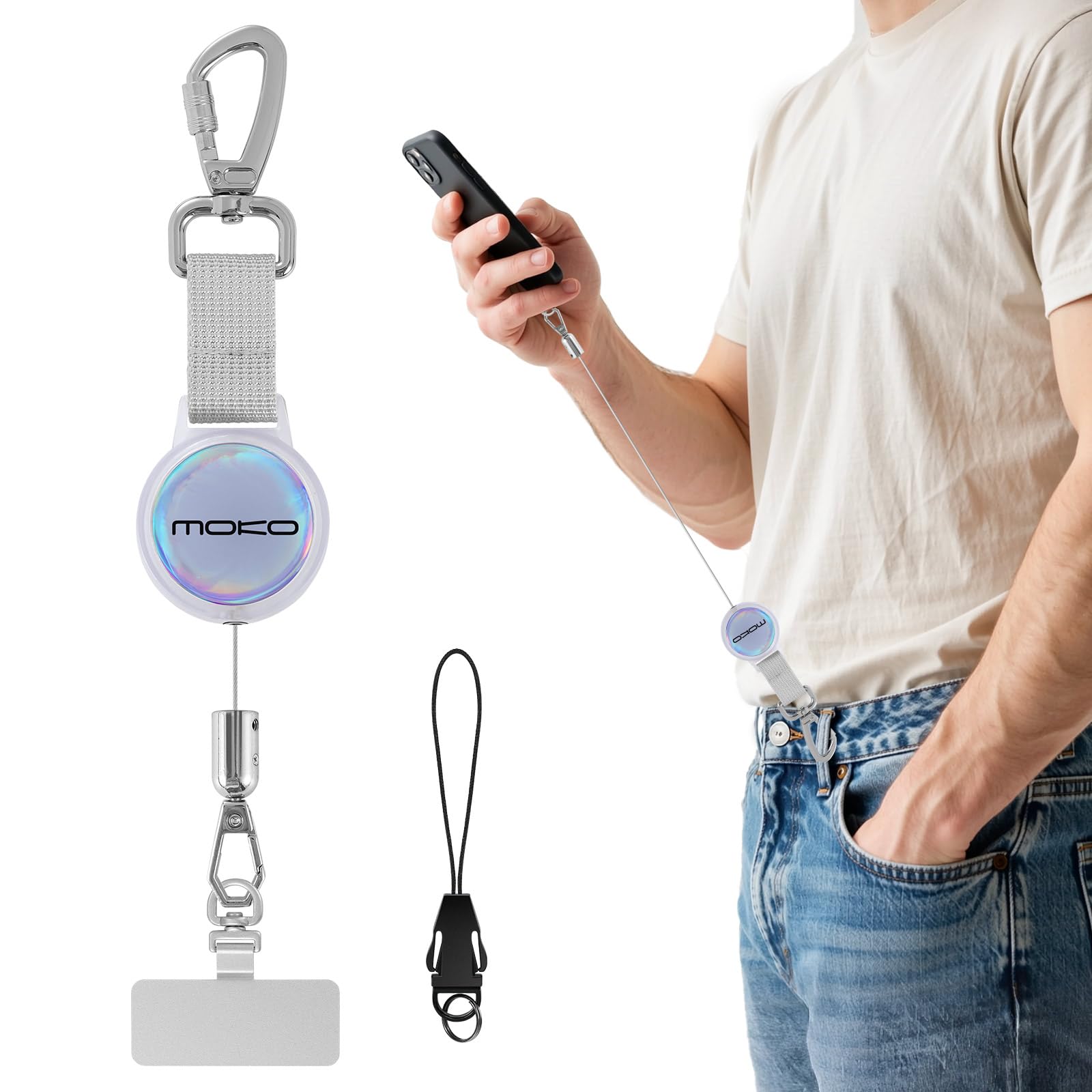 Moko Unisex Transparent & Silver Anti-Theft Phone Tether, Universal Phone Lanyard Retractable Steel Line Cellphone Strap With Locking Carabiner And Metal 360° Tether Tab For Outdoor Hiking Climbing Fishing,