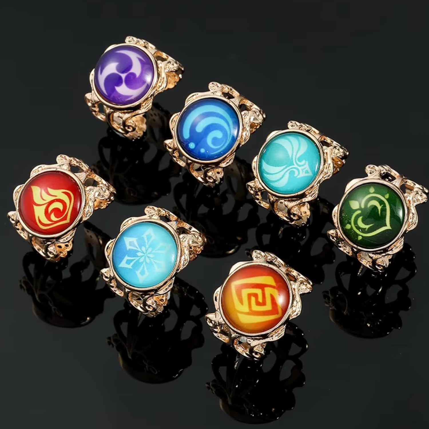 retsamradassaT Genshin Vision Impact Adjustable Cosplay Costume Rings, Set of 7 Elemental Anemo Geo Electro Dendro Hydro Cryo Pyro Element