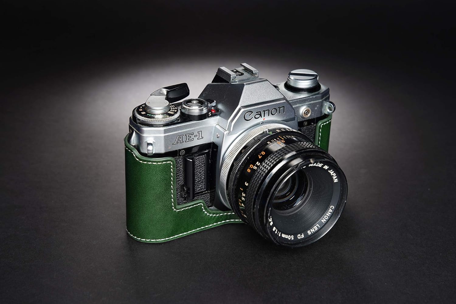 A-1 Case, BolinUS Handmade Genuine Real Leather Half Camera Case Bag Cover for Canon AE-1 A-1 (NO Handle) Camera with Hand Strap (Green)
