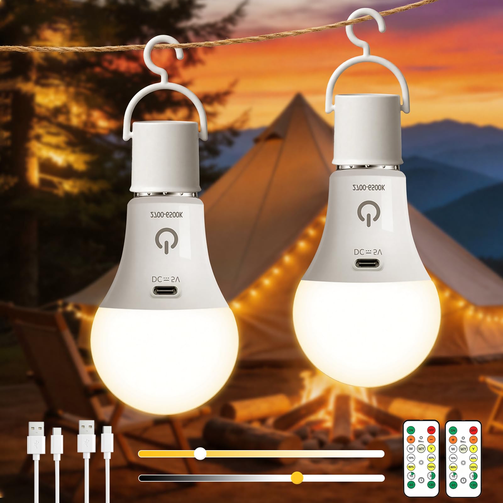 USB Rechargeable Light Bulb With Remote Control, 3 Color, A60 E27 Battery Powered Light Bulbs, 7W LED Dimmable Touch Control Bulbs with Timer for Non-Hardwired Lamps, Emergency Bulb With Hook, 2 Pack
