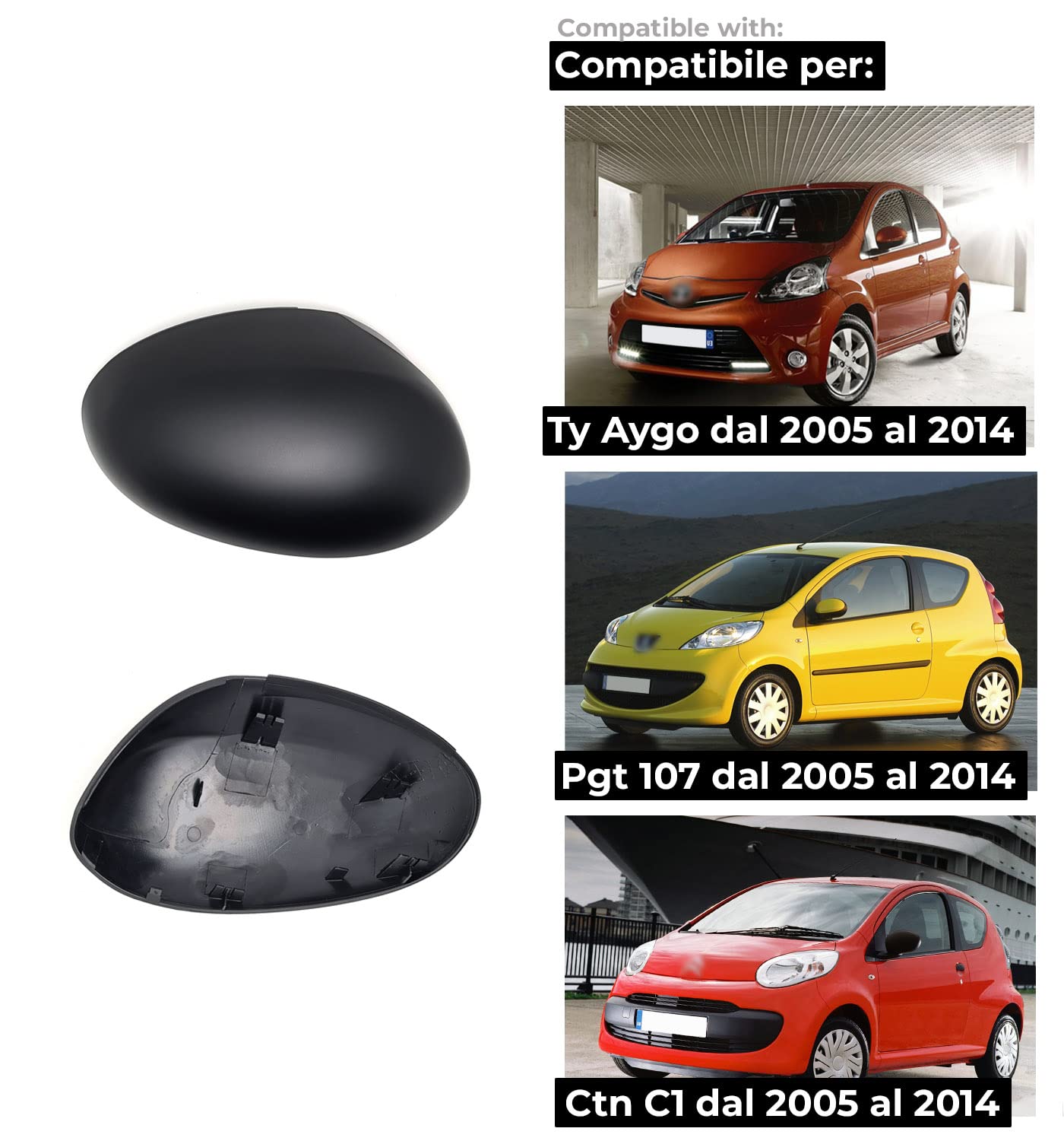 BSSTORE Calotta Specchietto Retrovisore Nera per Aygo, C1, 107 dal 2005 al 2014 (Sinistra - Lato Conducente) 801883