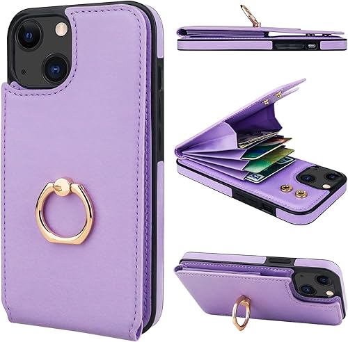 Miniatura 11 de Folosu Compatible con iPhone 13 Funda cartera con tarjetero con rotación de 360°, soporte de anillo de dedo con función atril, bloqueo RFID, piel