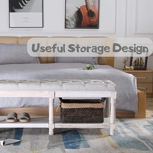 Miniatura 6 de Banco de entrada tapizado, banco otomano de almacenamiento para dormitorio, banco otomano de tela copetuda con estante y patas de madera para