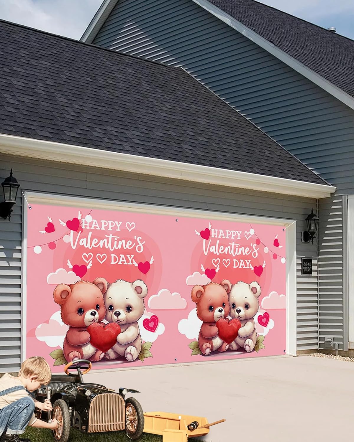 Valentine's Day Garage Door Banner Cover 7 x 8 ft, Romantic Love Cute Bear Valentine Garage Door Decorations Pink Backdrop Decor for Holiday Party Anniversary