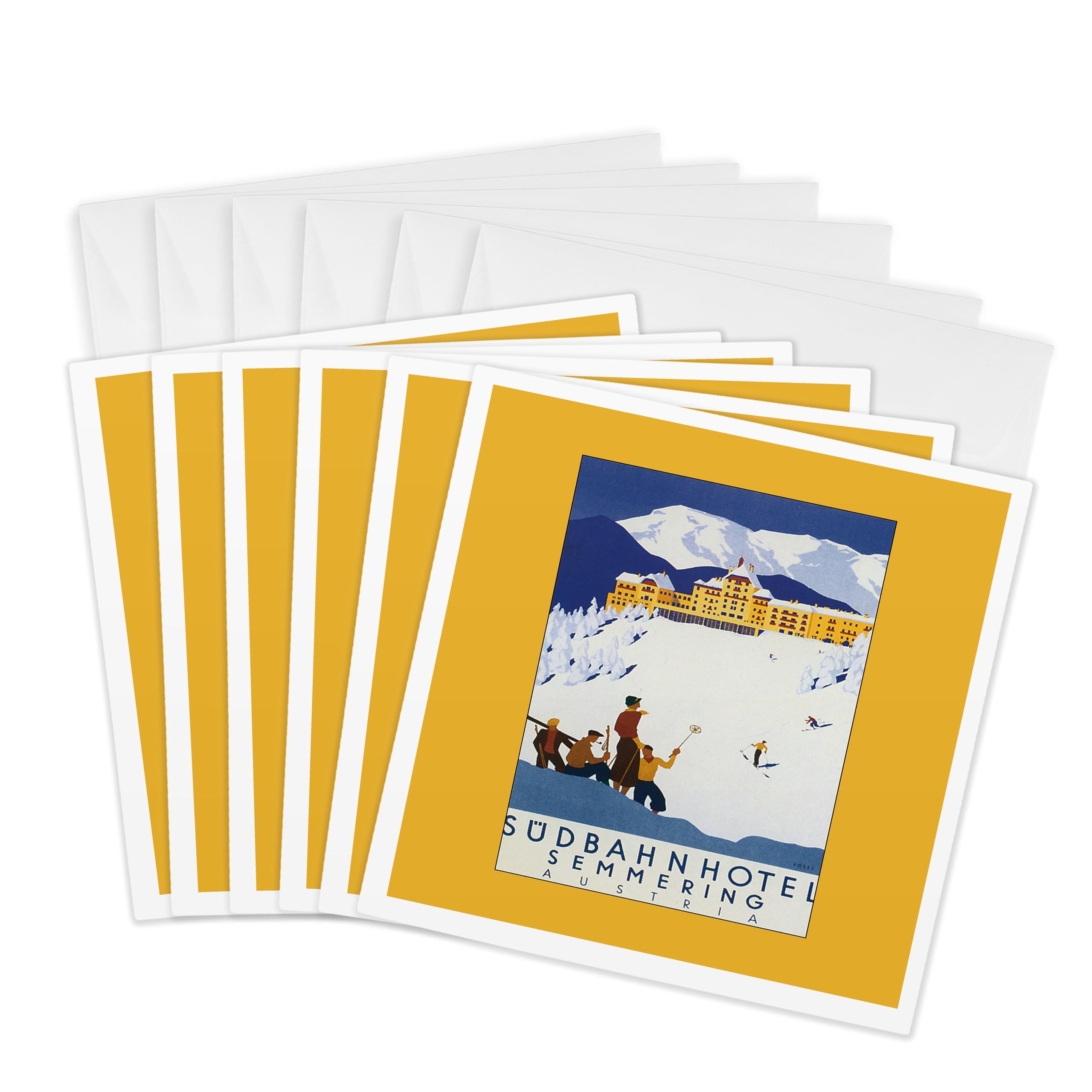 3dRose gc_170752_1 6 x 6-Inch "Sudbahn Hotel Semmering Austria Snow Covered Mountains and Skiers" Greeting Card (Pack of 6)