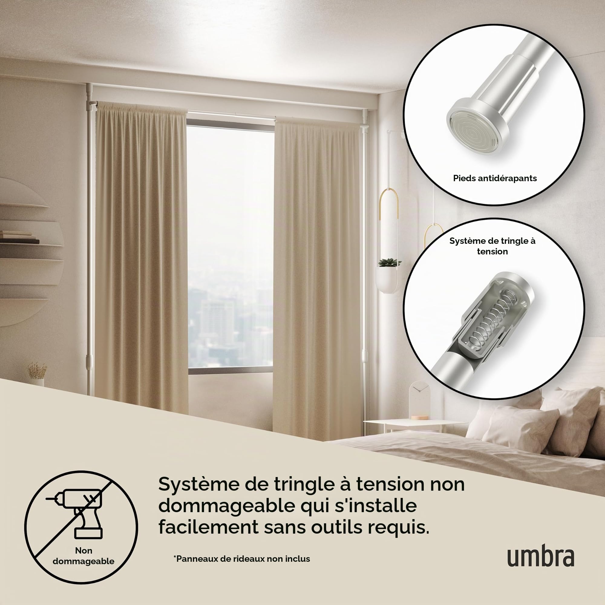 Umbra Anywhere Rod. Barre à Rideau sans Percage, pour Fenêtre Ou Séparation de Pièces, Téléscopique en Largeur et Hauteur. Métal Coloris Nickel