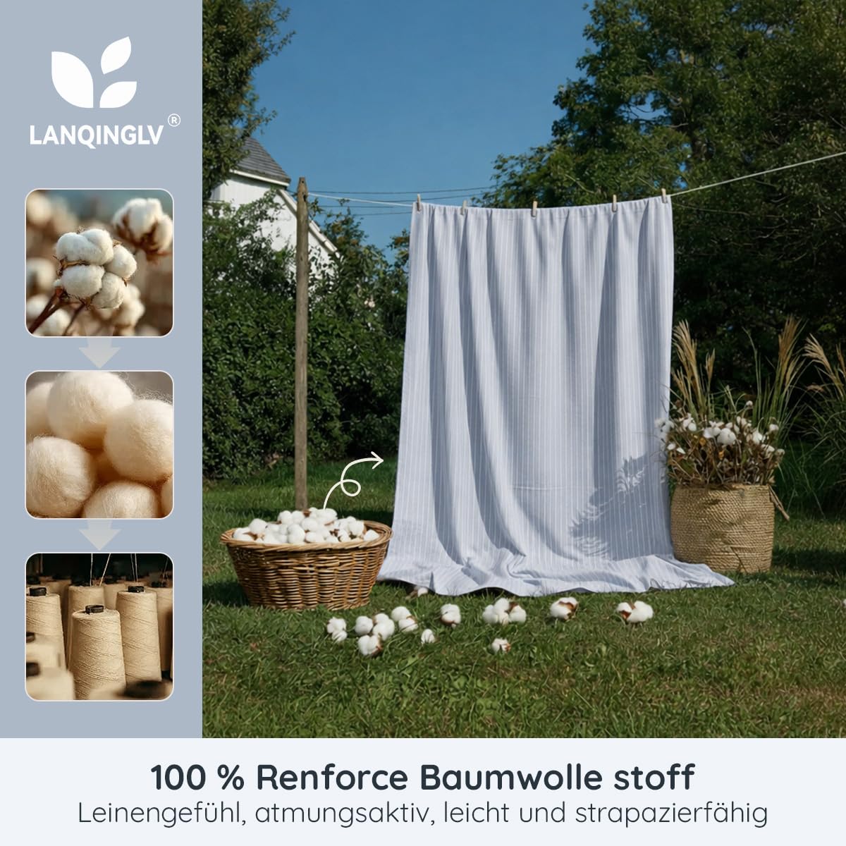 Lanqinglv Bettwäsche 200x220 Baumwolle Gestreift Blau,100% Renforce Baumwolle Bettwäsche Set mit Reißverschluss,ÖKO-TEX Bettwäsche für Allergiker Geeignet,1 Bettbezug & 2 Kissenbezug 80x80 cm