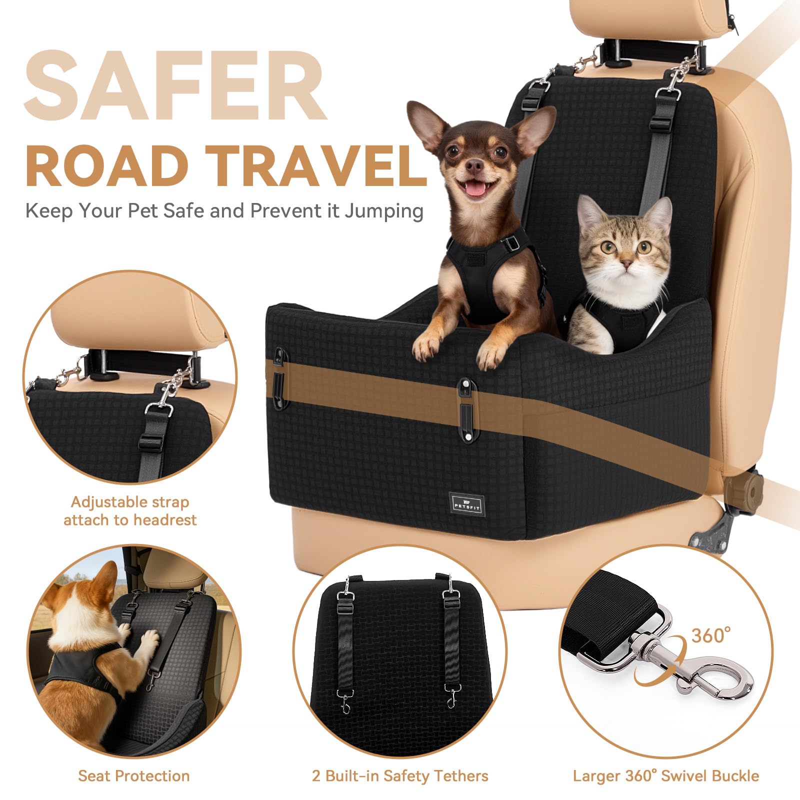PETSFIT Hundesitz für Auto bis 15 kg – 13cm Memory Foam Booster, Sicherheitsgurt-System, abnehmbarer & waschbarer Bezug, Schwarz