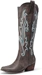 DREAM PAIRS Women's Cowboy Cowgirl Boots Knee High Square Toe Retro Western Embroidery Stitched V Cut Chunky Heel Boots with Side Zipper for Music Festival