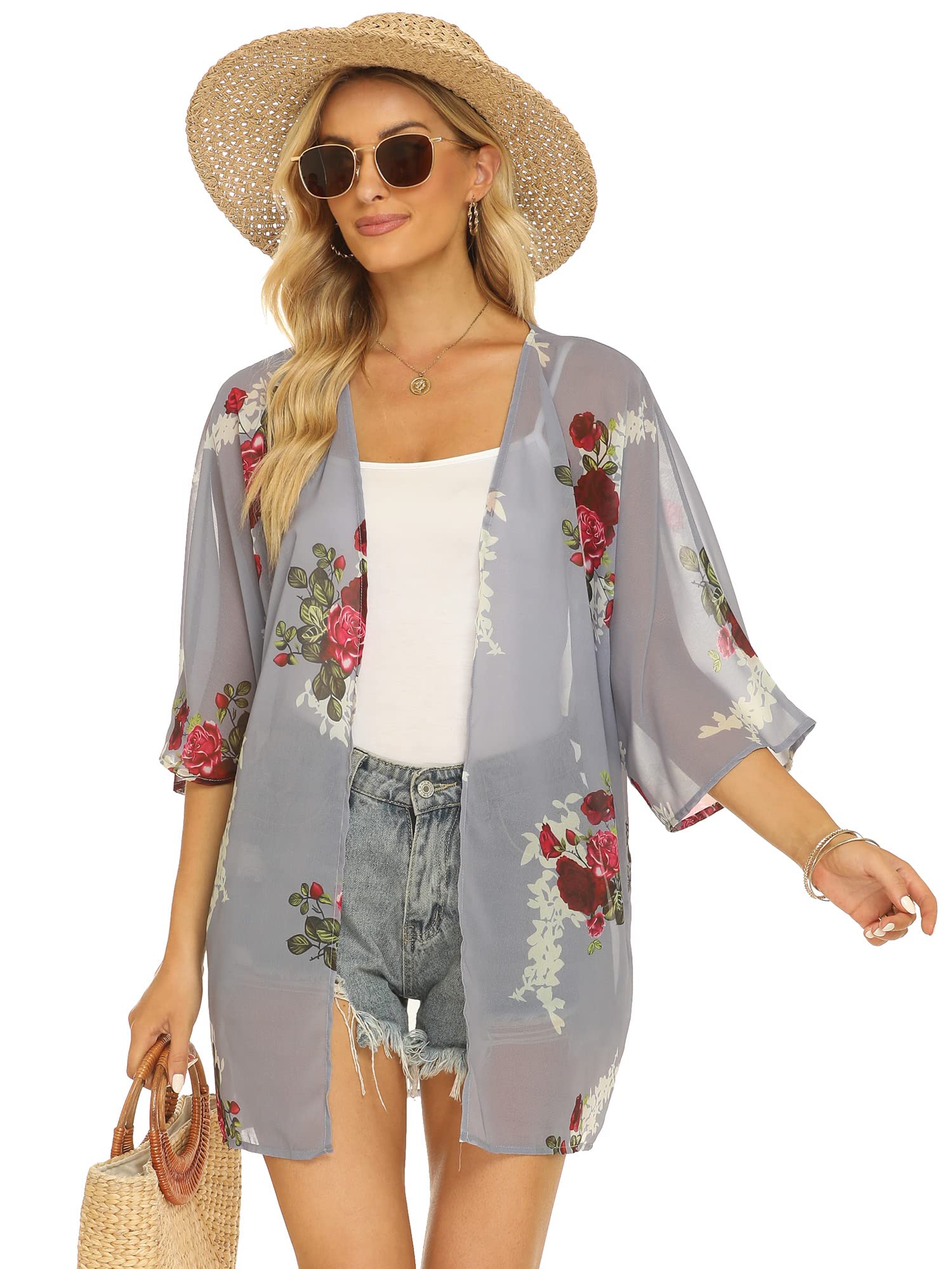 Chunoy Damska bluzka na co dzień z krótkim rękawem szyfonowe kimono szal bluzka top, Pasek - zielony, Medium