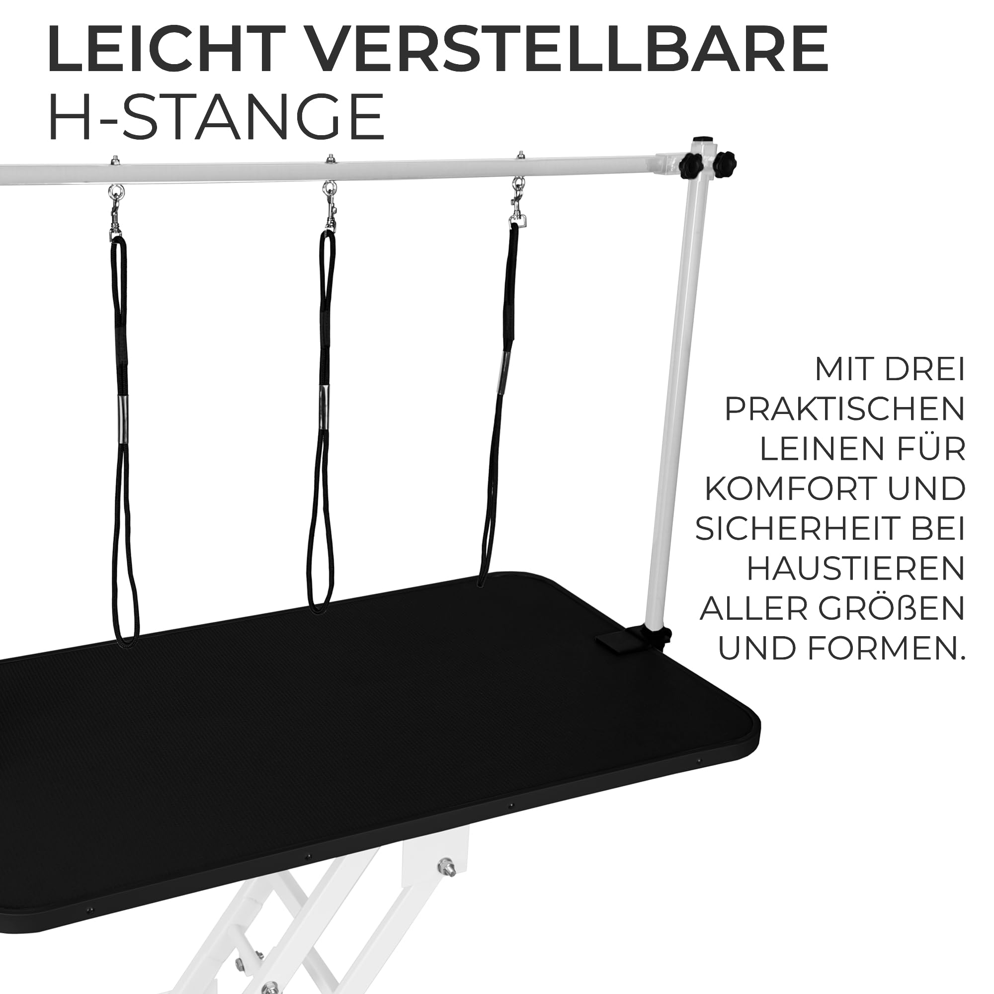 Hydraulischer Hundepflegetisch Höhenverstellbar Profi Trimmtisch | für Tiere bis zu 180kg | 106 x 61cm Gummioberfläche, 4 anpassbare Stallfüße & 3 Schlaufenleinen [Weißer Rahmen & Schwarzer Tisch]