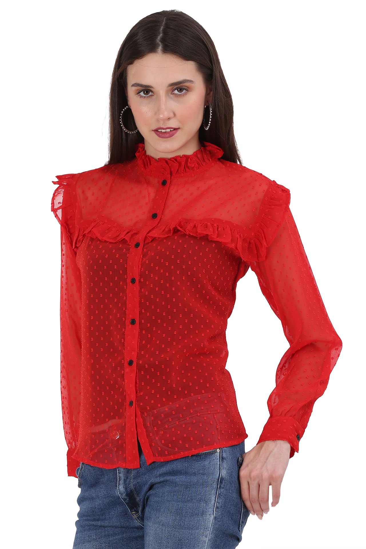 Women's Long Sleeve's Blouse Shirt, Lace Trim Collar with Ruffle Neck Top