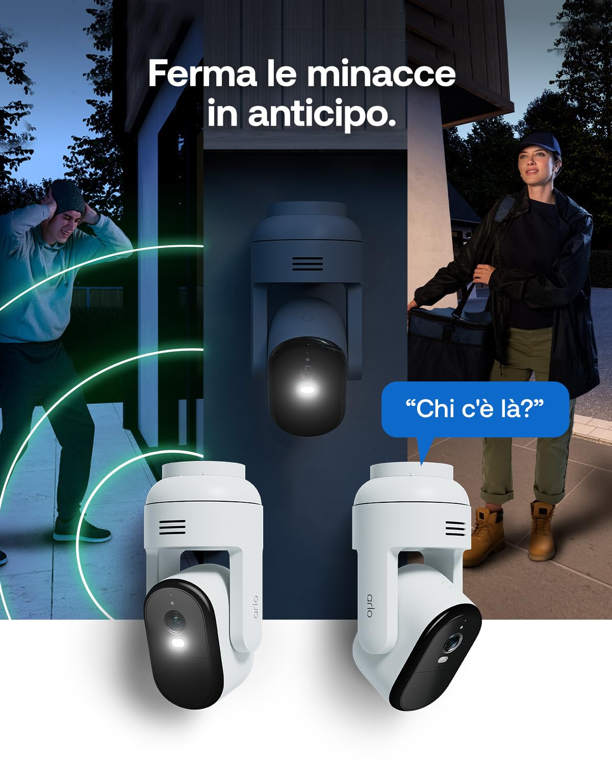 Arlo Essential 3 Telecamera HD 360º Pan-Tilt-Zoom WiFi Esterno Senza Fili, Sirena Allarme Casa, Sensore Di Movimento, Visione Notturna A Colori, Prova Inclusa Secure, 2 Telecamere, Bianche