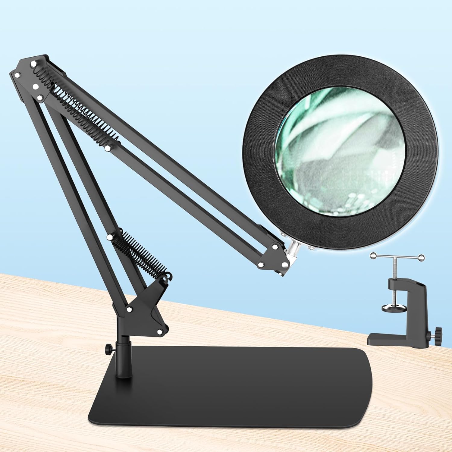 HITTI 12X Magnifying Glass with Light and Stand, 2-in-1 LED Lighted Magnifier Large Base & Clamp, 3 Color Modes Stepless Dimmable Magnifying Lamp, Adjustable Swing Arm for Repair Crafts Soldering