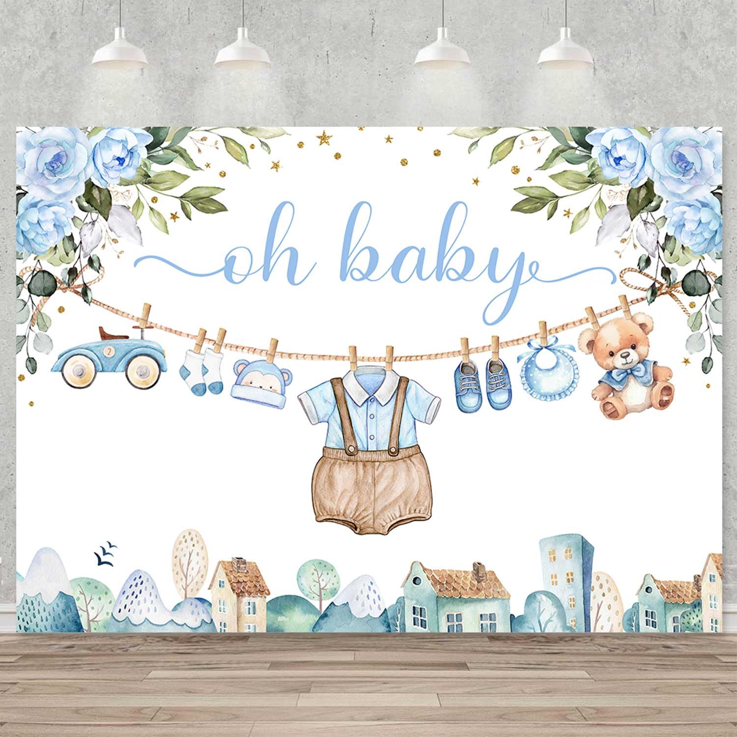 Sensfun Cute Clothes Baby Shower Backdrop for Boys Oh Baby Newborn Blue Floral Eucalyptus Leaves Adventure Baby Shower Party Decorations Banner