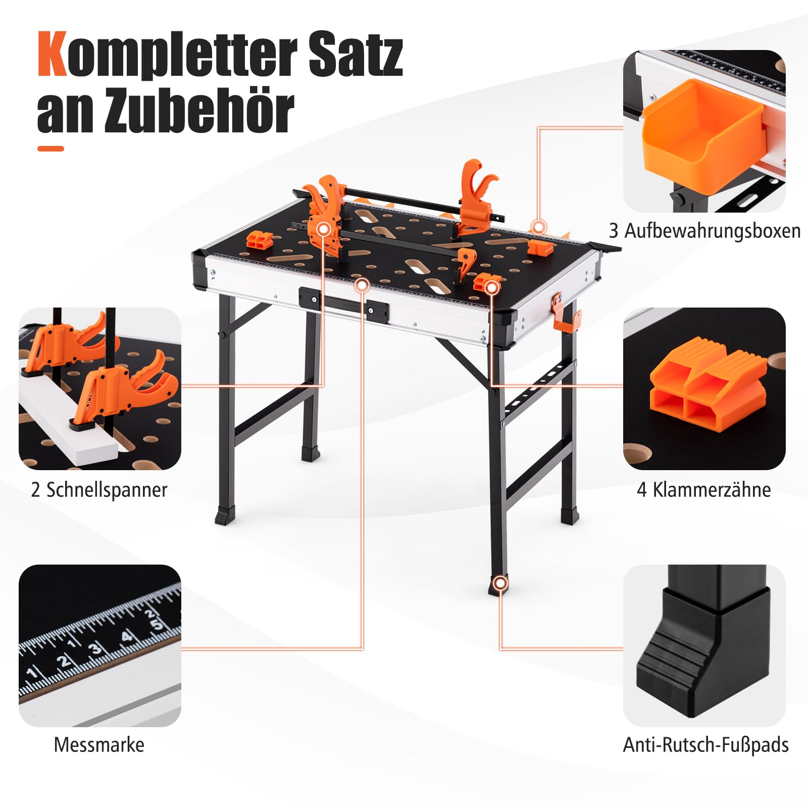 GYMAX 84,5cm Klappbare Werkbank, tragbare Arbeitsbank mit 2 Schnellspannern, 4 Klemmhaken & 3 Werkzeugkästen, Arbeitstisch bis 454 kg belastbar, für Messen & Reparaturen