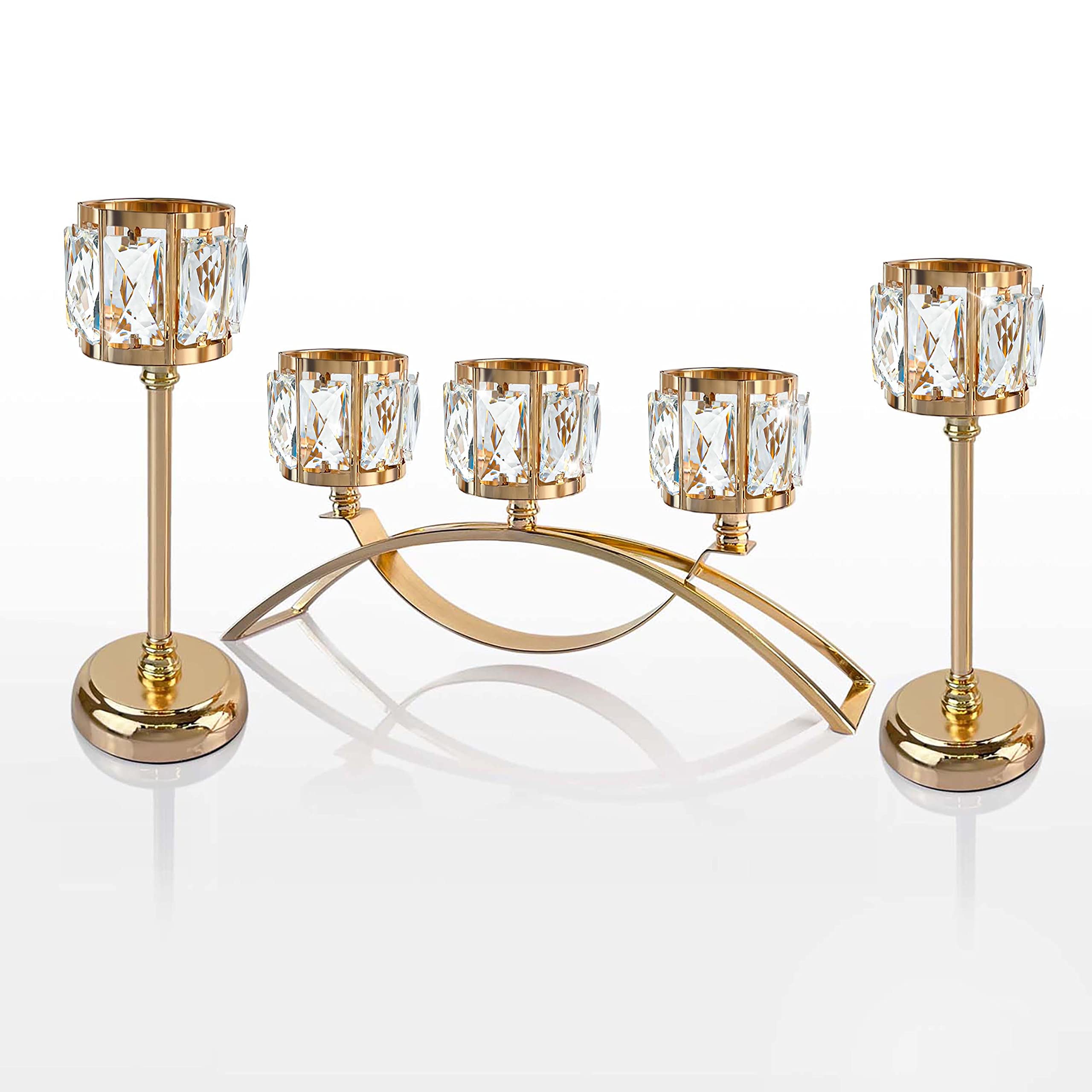 3 Arms Crystal Bowl Tealight Candelabra Votive Candle Stand, Wedding centerpieces for Tables Crystal Candlestick,Centerpiece Table Decorations (Set of 3 Gold)