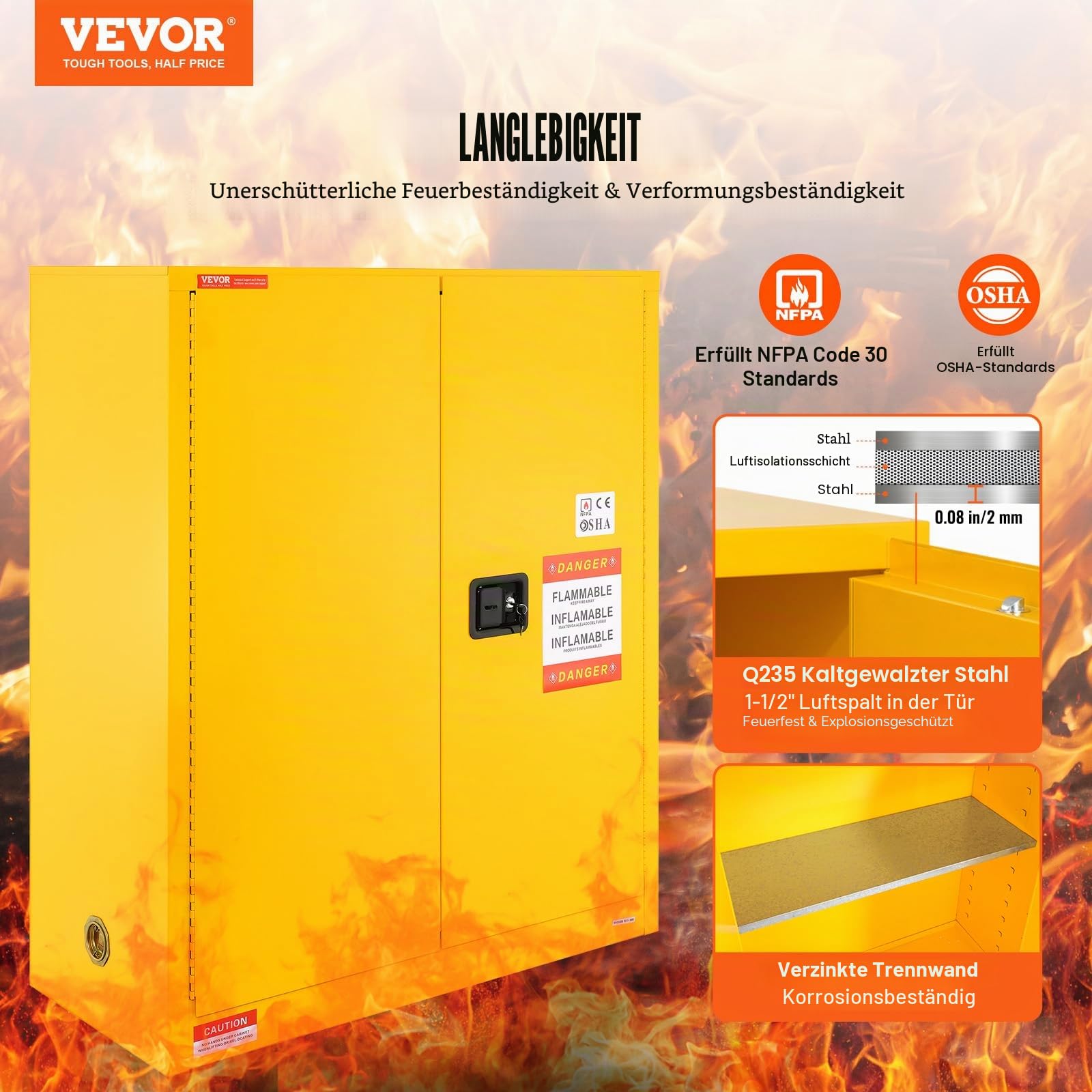 VEVOR Sicherheitsschrank für brennbare Flüssigkeiten, 34 Gallonen, Lagerschrank für brennbare Flüssigkeiten aus Kaltgewalztem Stahl, 1095 x 460 x 1273 mm, Schrank mit einem verstellbaren Regal