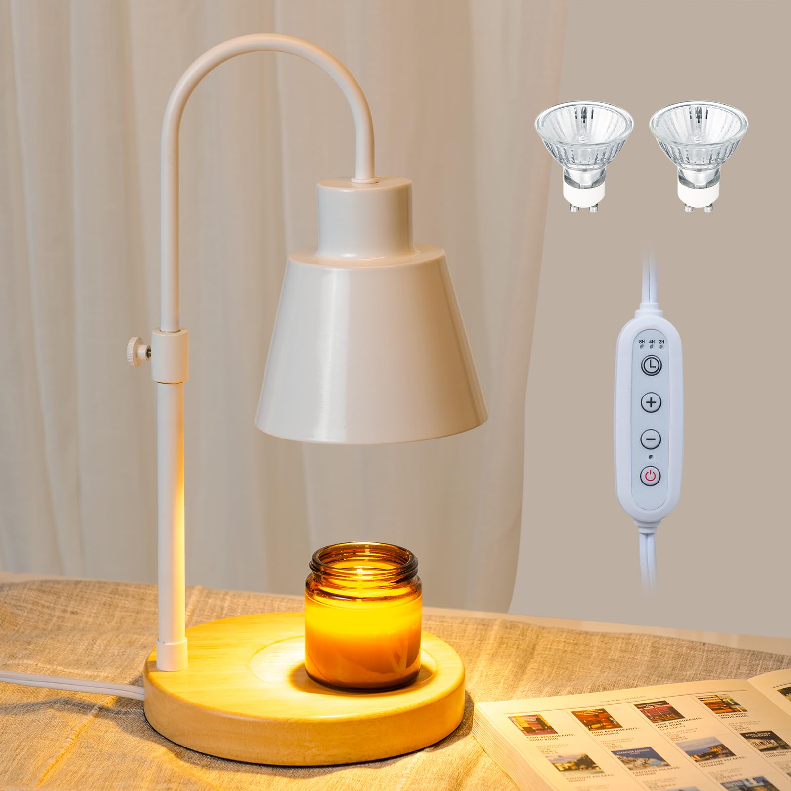 Woodronic Livin Retro Candle Warmer Light, Dimmable Candle Warmer Lamp with Timer, Adjustable Height & Brightness, Real Wood Base, Compatible with Large Jar Candle