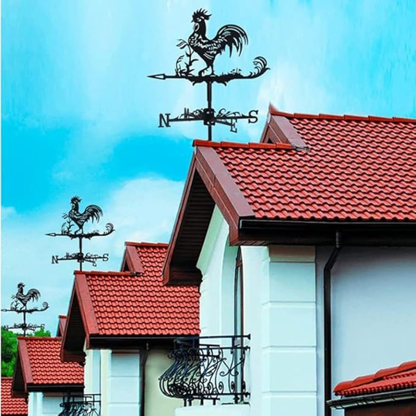 Wetterfahnen aus Metall mit Hahn, Wetterfahne Edelstahl, Garten Hühner-Windrichtungsanzeiger, Bauernhofszene, Wetterhahn, Windmühleneinsatz Eisen die Außendach-Dekoration im Bauernhausstil(A)