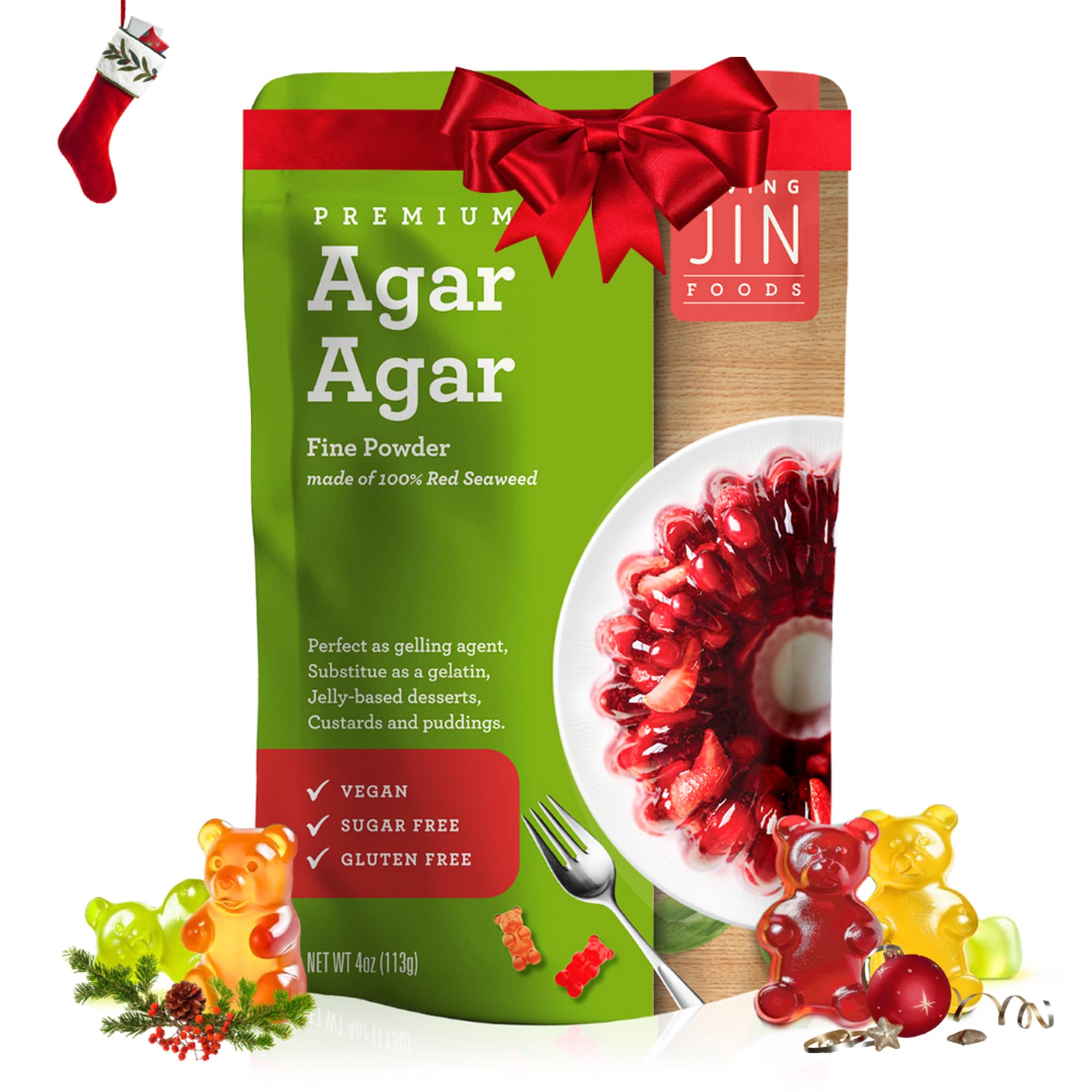 LIVING JIN Agar Agar Powder, 4 oz. Kosher, Plant-Based Gelatin Powder, Vegan Agar Agar, Vegan Jello, Sugar-Free, 100% Natural Red Algae