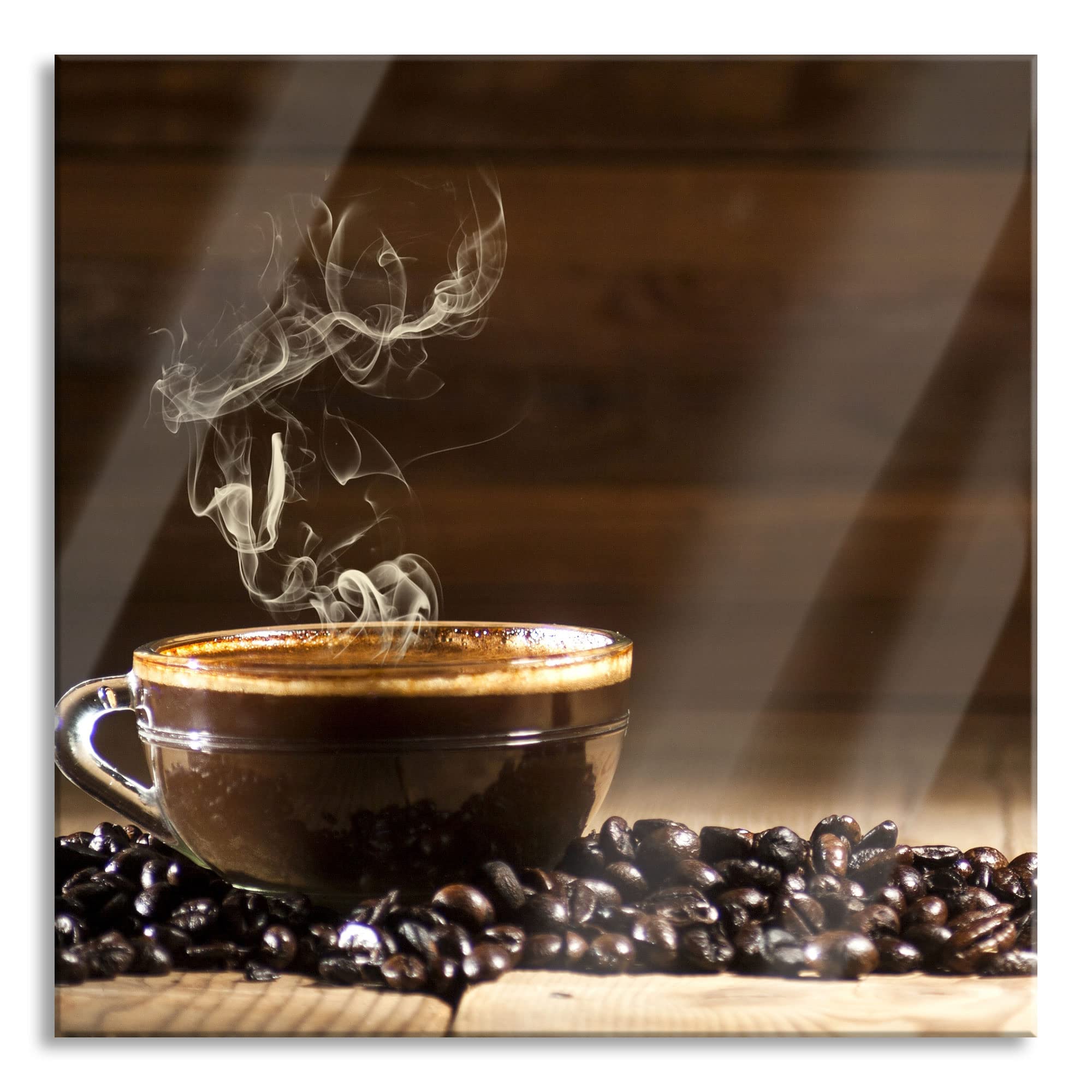 Pixxprint Glasbild, Wandbild auf Echtglas, Kaffee zwischen Kaffeebohnen, 40x40 cm, inkl. Aufhängung und Abstandshalter