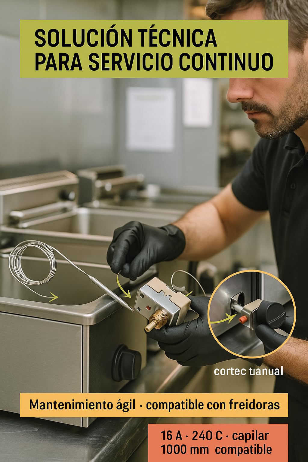 CubetasGastronorm ® Termostato seguridad freidora 240º CAPILAR 1000mm con REARME 16A Capilar 1000mm Protección Sobrecalentamiento Precisión Alta Resistencia Freidoras Industriales y Domésticas