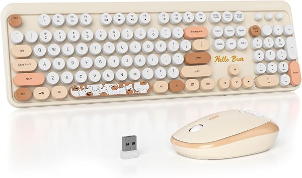 2.4G Colorful Keyboard, 104 Key Off White Wireless Customized Membrane Round keycaps Retro Typewriter Office Keyboard for PC/Mac/Laptop/Tablet/Computer Windows Off White
