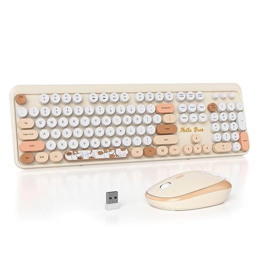 2.4G Colorful Keyboard, 104 Key Off White Wireless Customized Membrane Round keycaps Retro Typewriter Office Keyboard for PC/Mac/Laptop/Tablet/Computer Windows (Off White)