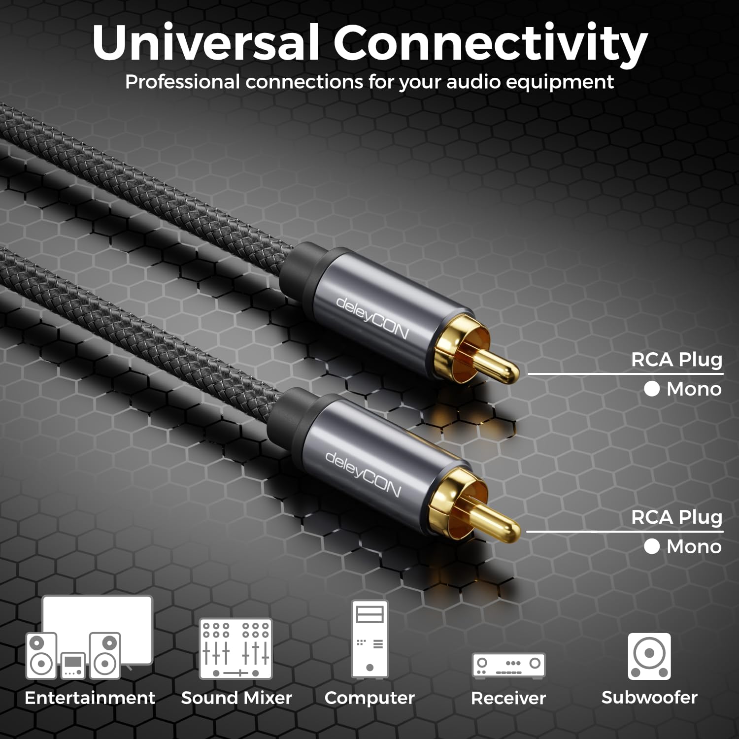 deleyCON 10m Cable para Subwoofer - Cable Coaxial RCA Cinch - para Subwoofer, Receptor AV, Amplificador HiFi, Sistemas HiFi, Barras de Sonido, Altavoces Activos - Nylon Negro
