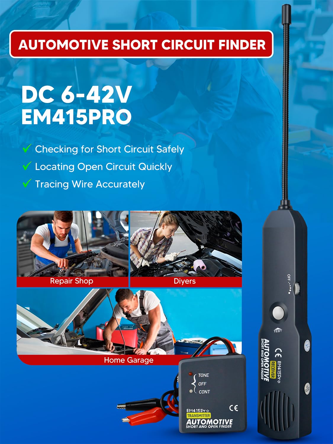 Détecteur de disjoncteurs, traceur de fils, traceur de circuit, traceur de câble électrique, outil de réparation automobile court et ouvert EM415pro DC 6-42 V