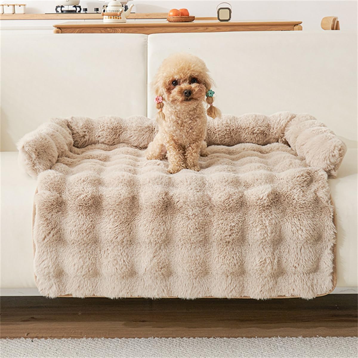 Pet Bed Couch Protector Plush Dog Mat Dog Sofa with Soft Neck Bolster, Cushion Protector Cat Bed (29.53-29.53in/75-75cm,Curry)