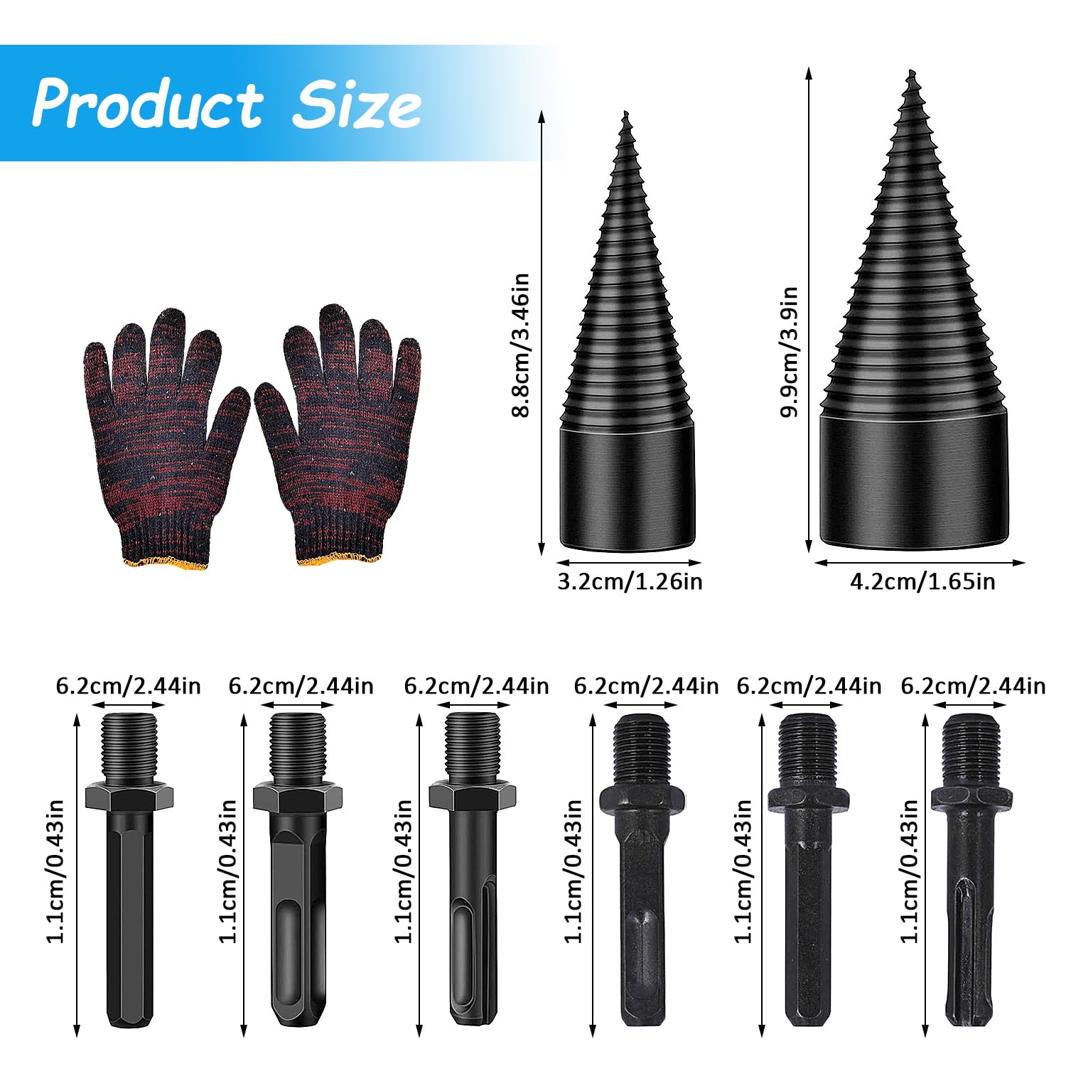 9 Pièces Kit de Foret de Fendage de Buches, Comprenant Foret Conique de 32 mm/42 mm, 6 Vis de Cône de Fendeuse Bois, Outillage Bois, Fendeuse de Buches Électrique pour Jardiniers et Bûcherons