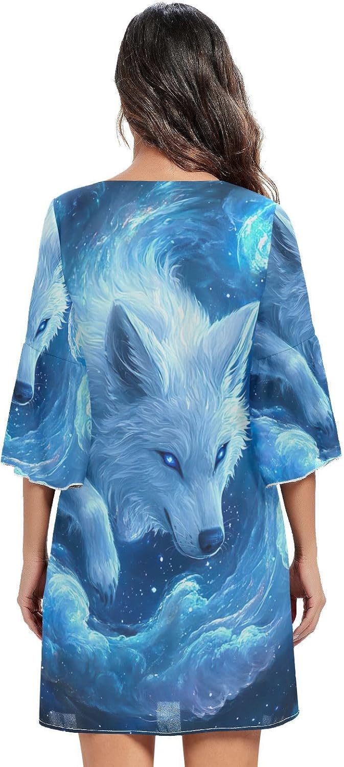 Wolf Blue Silver Cloud Short Chiffon Dress Printed Line Hawaiian Dress S-XXL