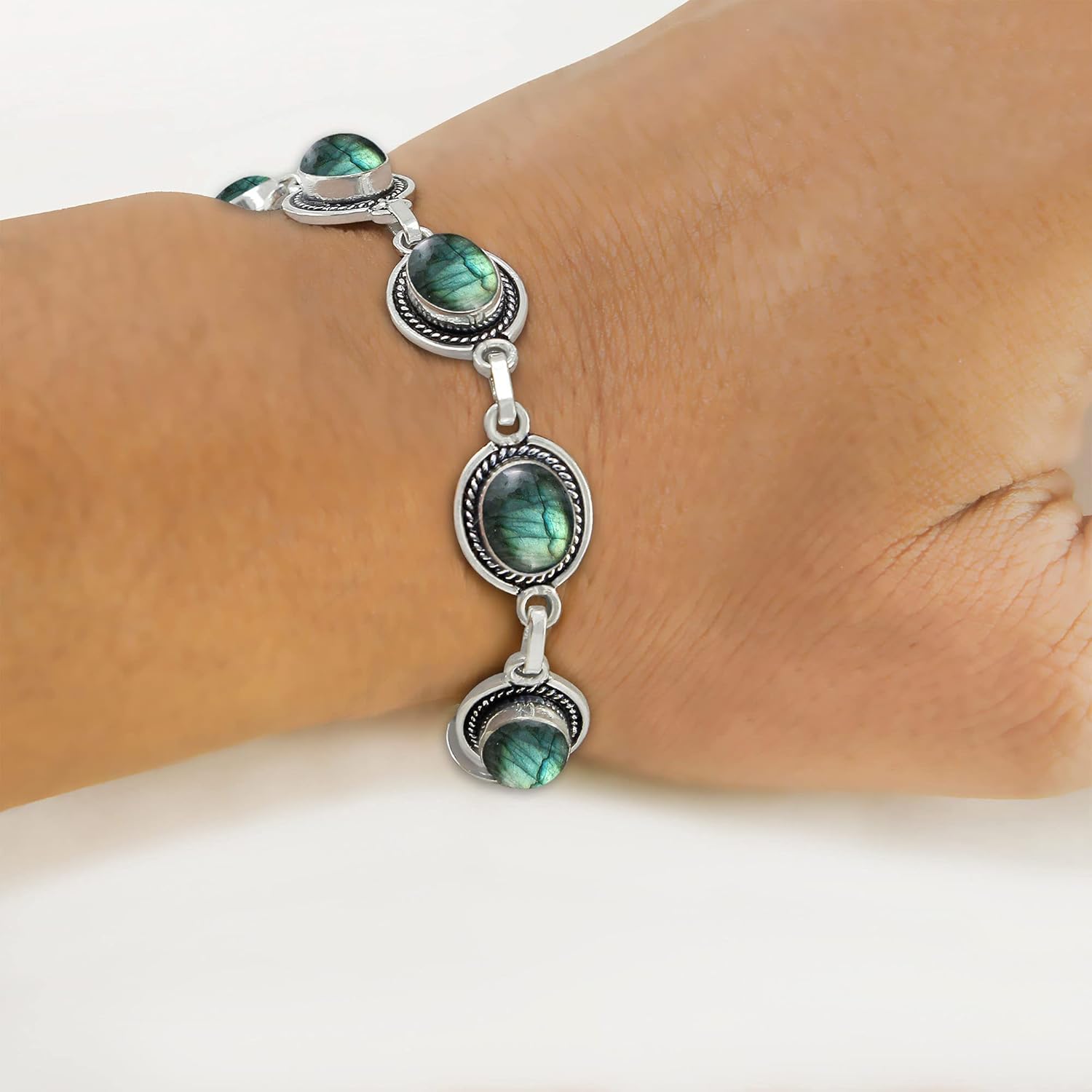 Natural Amethyst Moonstone Lapis Labradorite Garnet Malachite 925 Silver Plated Handmade Link Bracelet for Women - Bohemian Vintage Style Birthstone Jewelry Bracelet Gifts for Mom Wife Her - Image 5