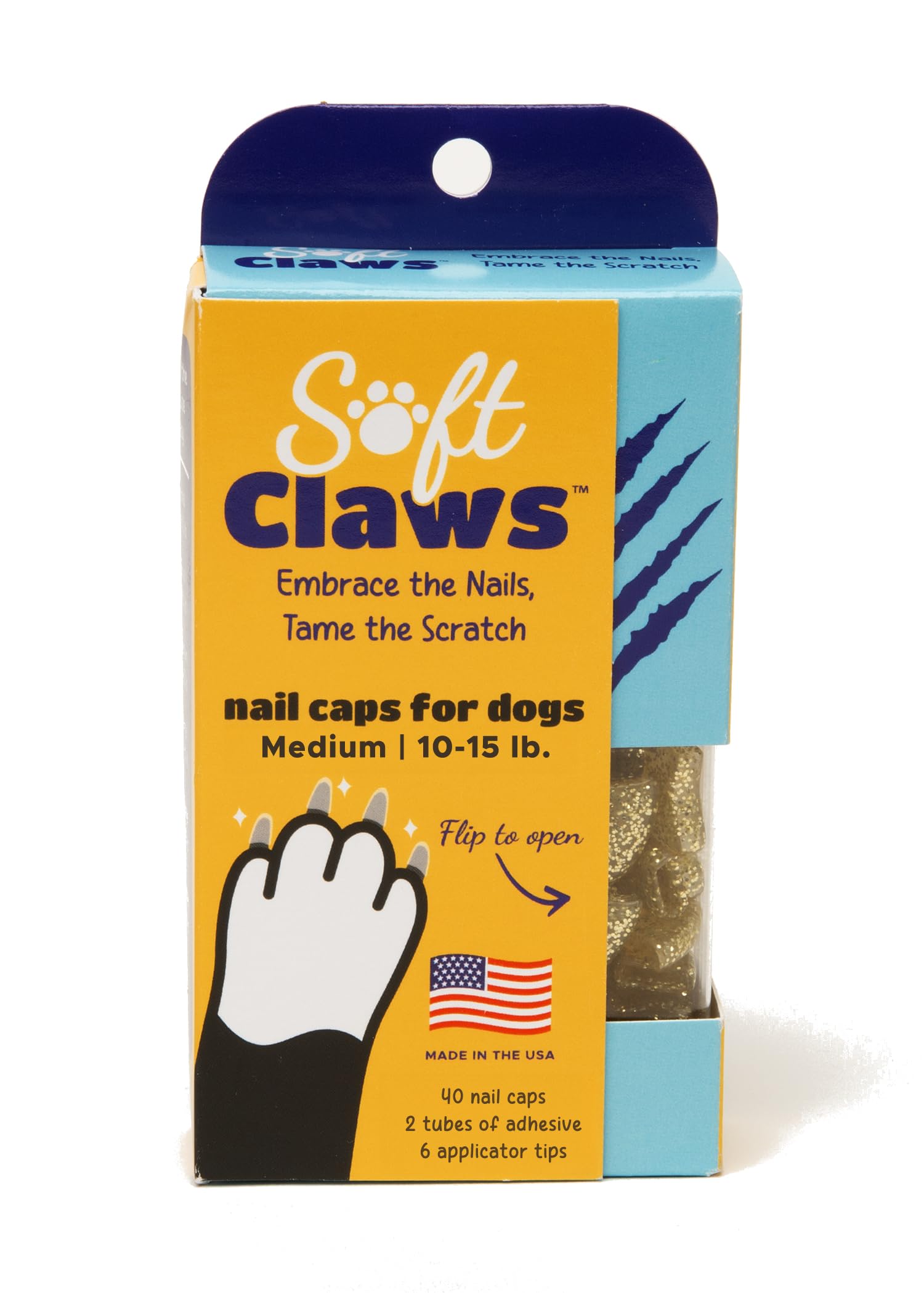 Soft Claws Nail Caps for Dogs with Non-Slip Design Made in USA - 40 Dog Nail Covers for Long-Lasting Protection of Floors and Furniture - Gold Sparkle, Medium