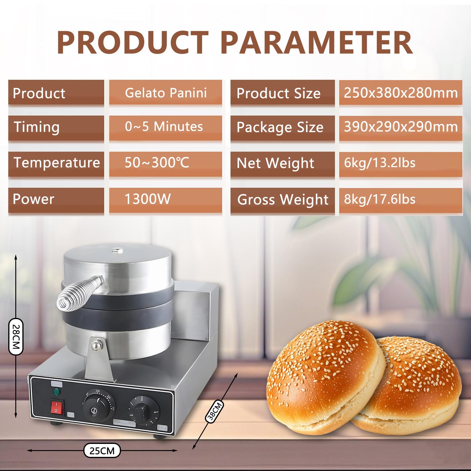 Piastra per Waffle Elettrica, Macchina per Hamburger da 1300 W, Macchina per Hamburger Antiaderente Commerciale, Temperatura Regolabile da 50 a 300 ℃ per Uso Domestico