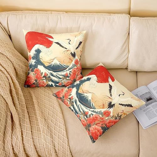 Miniatura 2 de Erosebridal Juego de 2 fundas de almohada de estilo japonés para sofá, fundas de cojín de grúa asiática oriental, decoración de flores retro, olas