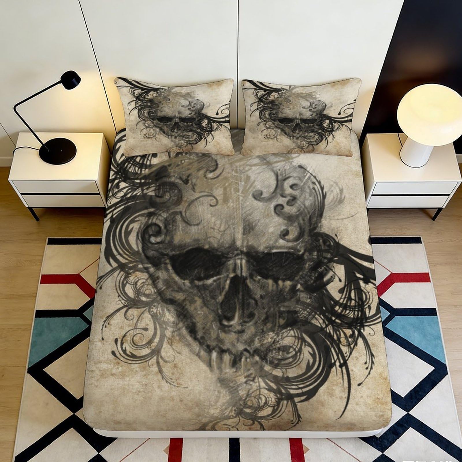 Uxinyoume Style-7 3D Printed Skull Art Fitted Sheet Microfiber Black Gothic Smoke Bed Cover For Bedroom Dorm Mattress Protection Decor 90X200x25cm