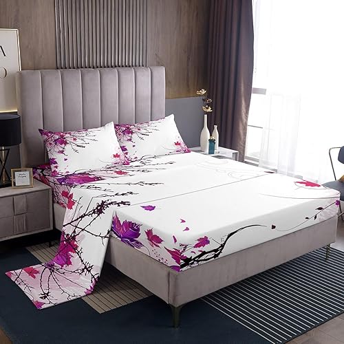 Juego de sábanas de hojas de arce tamaño King, juego de sábanas de hojas de otoño púrpura y rojo, ropa de cama de otoño y Acción de Gracias, sábanas