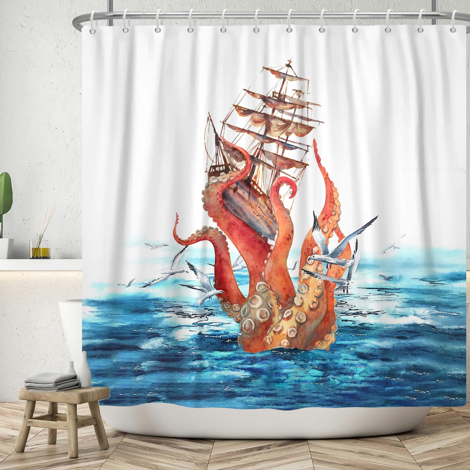 ASDCXZ Summer Shower Curtain 180x220 cm, Watercolor Blue Ocean Octopus Sailboats Seagull Maritim Bath Washable Shower Curtains Polyester Textile Waterproof Shower Curtain for Bathtub with 12 Hooks — image 1