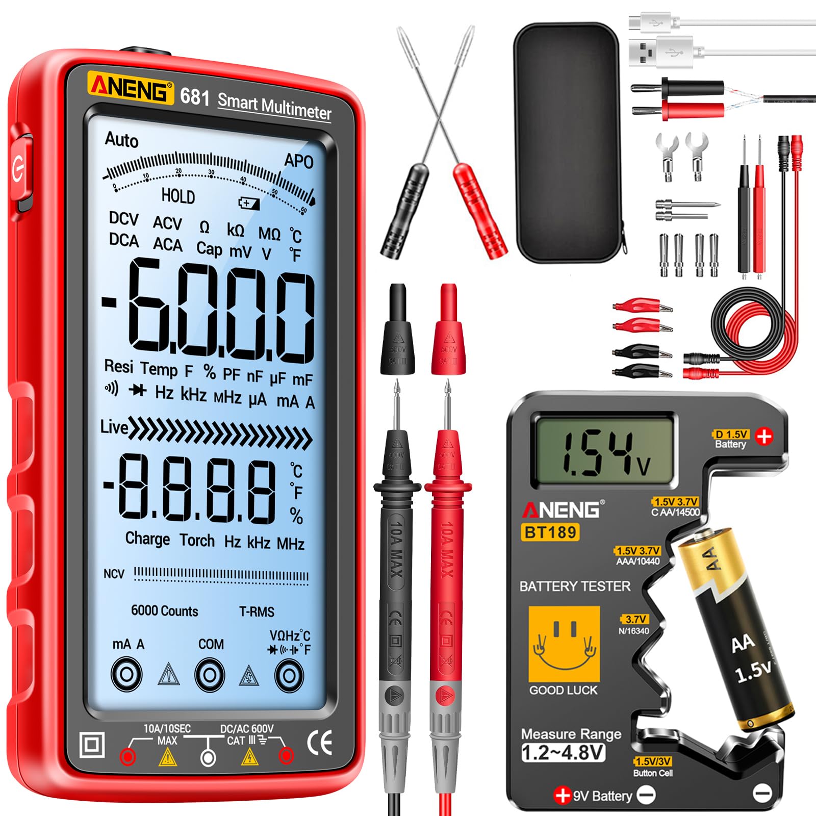 ANENG 681 Digitalmultimeter TRMS 6000 Counts, wiederaufladbar, Autorange, NCV, AC/DC, Widerstand, Kapazität und BT189 Batterietester für AA AAA C D 9V und Knopfzellen 2-in-1 Prüfset