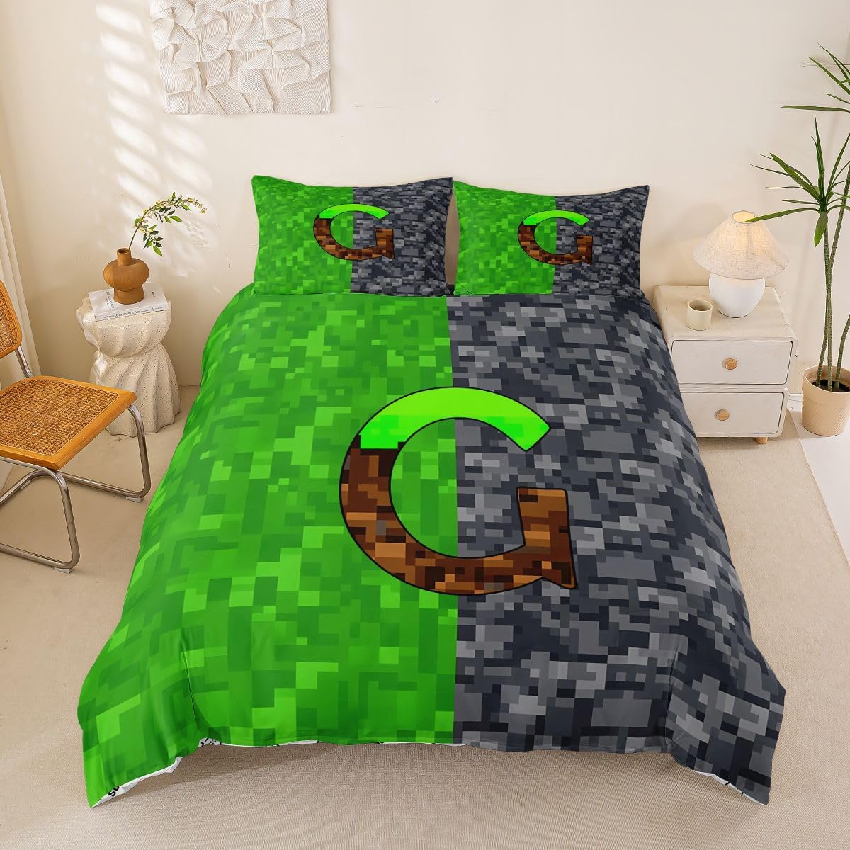 Pixel Grid Games Comforter Cover,Pixelated Gamepad Green Grey Brown Duvet Cover for Girls Boys Bedroom Gifts,Initial Letter G Bedding Set Decorative with 2 Pillowcases (No Comforter), Full