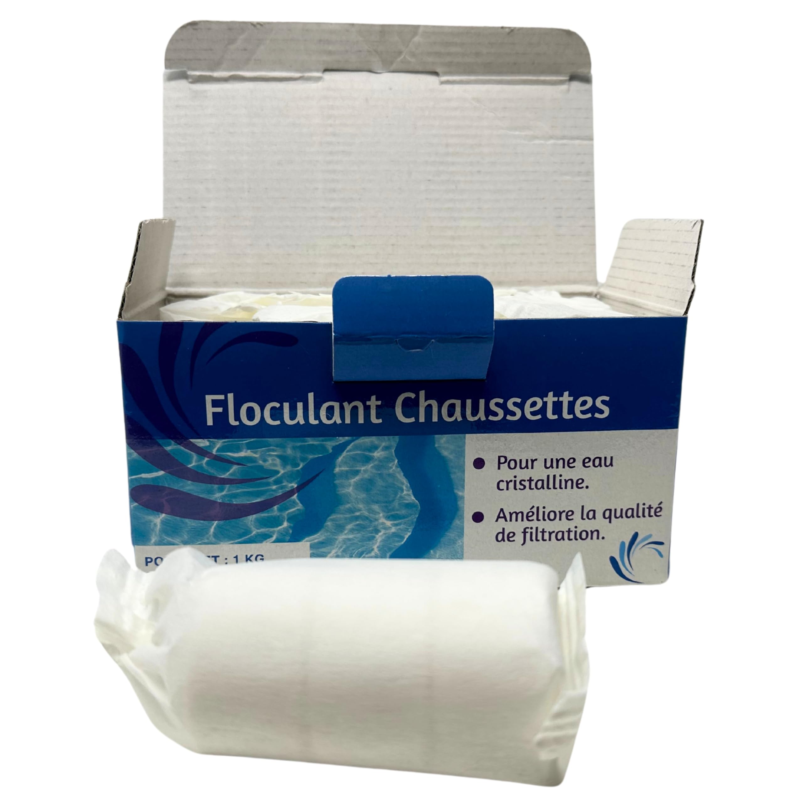 Floculant en Chaussettes pour Piscine – Clarification Efficace pour Filtres à Sable, Boîte de 1 KG – 8 Chaussettes de 125g