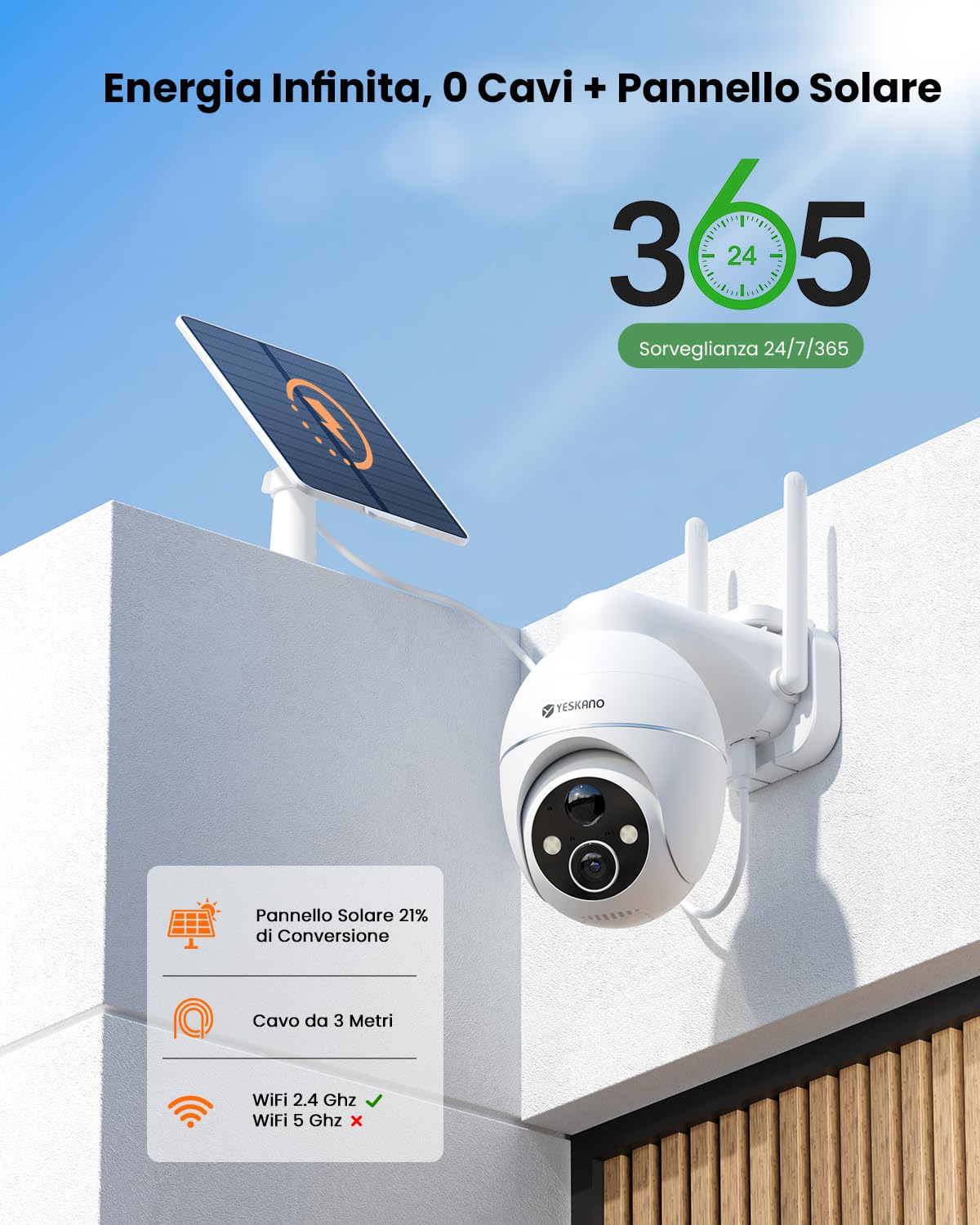 YESKANO 2K Telecamera Wi-Fi Esterno con Pannello Solare e Batteria, Videocamera Sorveglianza Esterno Senza Fili, Visione Notturna a Colori, Rilevamento IA, Supporta 2,4GHz e Alexa, 360°PTZ, IP66