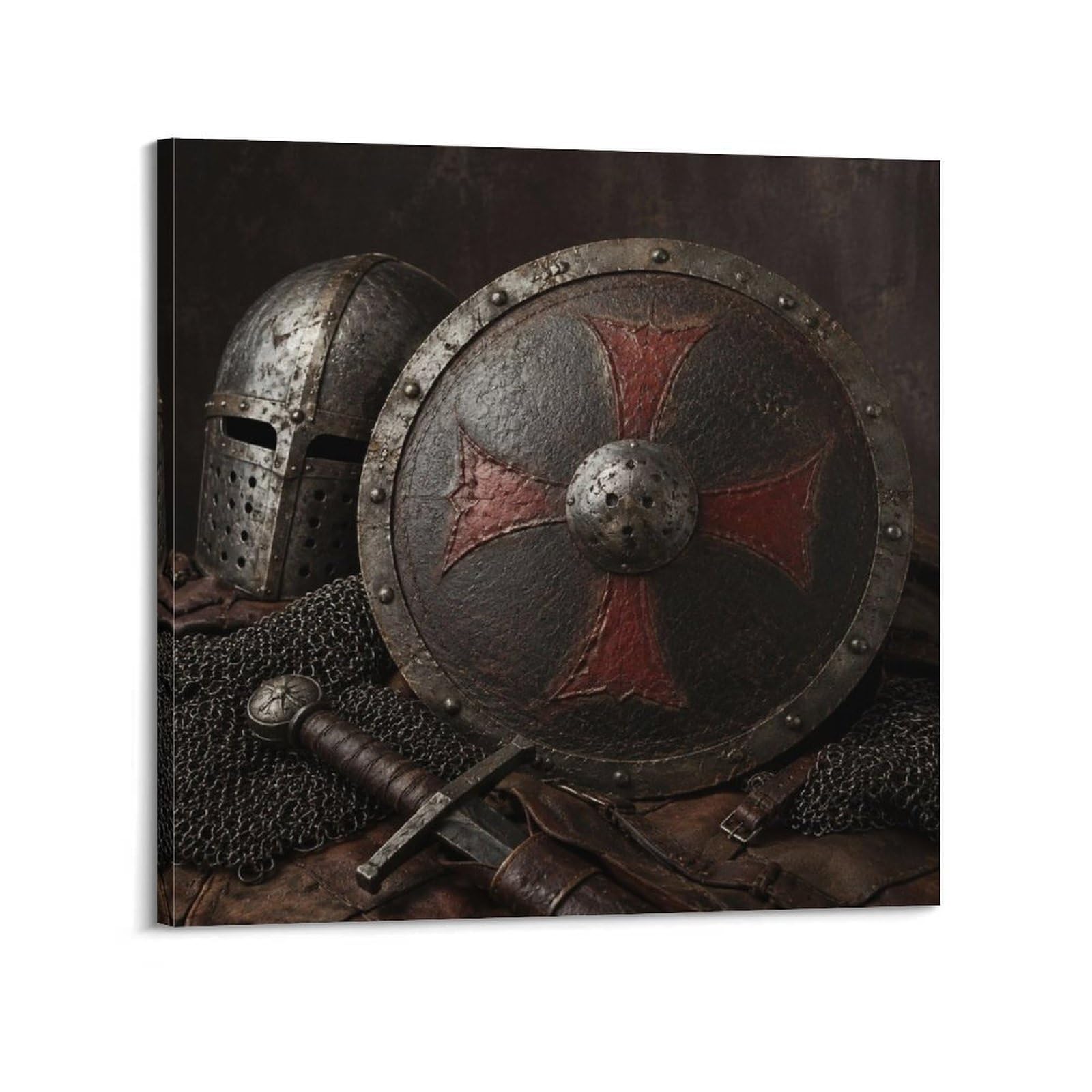 XKUGA Medieval Knight Chainmail Poster Circular Shield Relic Modern Decorative Canvas Prints - Ideal Wall Art for Family, Man Cave, Game Room, Boys & Girls Bedroom 12x12inch(30x30cm)