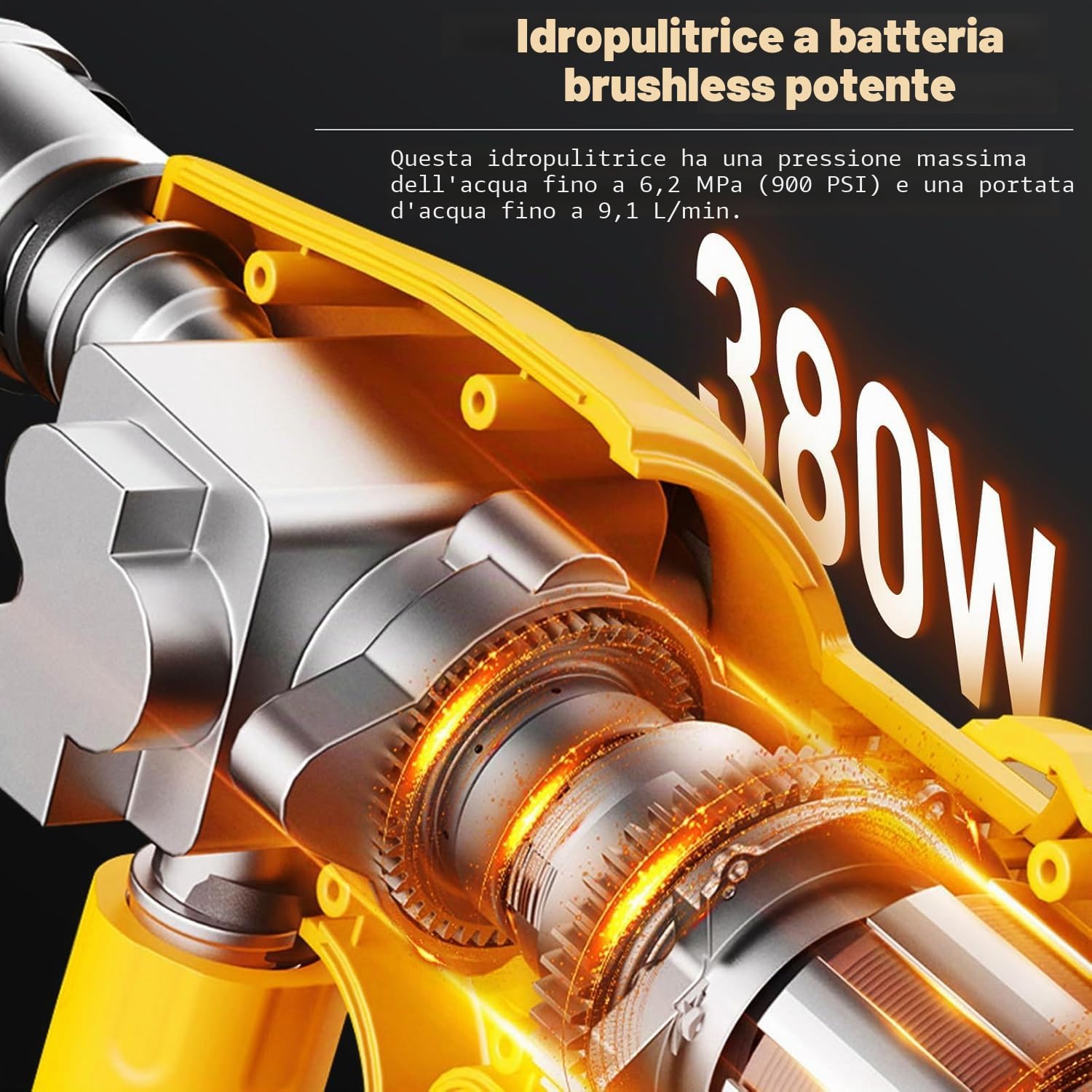 Rondella ad alta pressione a batteria 65 Bar/942PSI, pistola ad alta pressione da 21 V con batteria da 6000 mAh, ugello 6 in 1, tubo da 5 m, pistola pressa & Clean con display LCD e 10 velocità (con 2